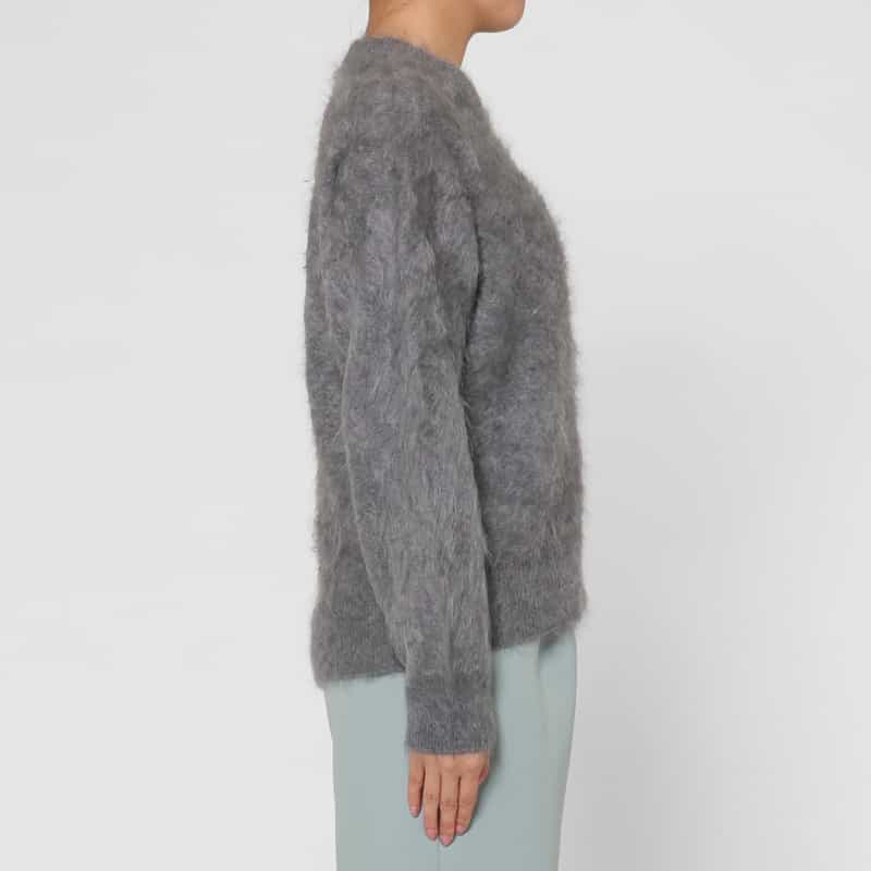 BARNEYS NEW YORK カシミヤ ファー加工クルーネックニットプルオーバー LIGHT GRAY