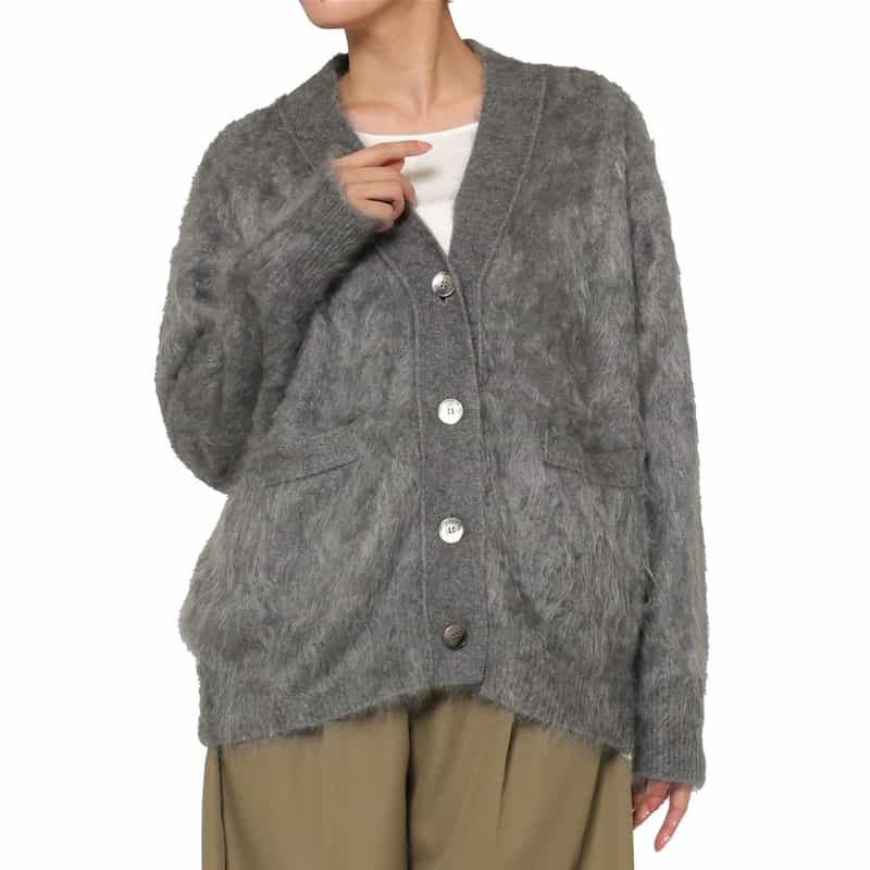 BARNEYS NEW YORK カシミヤ ファー加工 Vネックニットカーディガン LIGHT GRAY