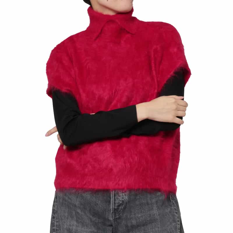 BARNEYS NEW YORK カシミヤ ファー加工 襟付きニットベスト RED