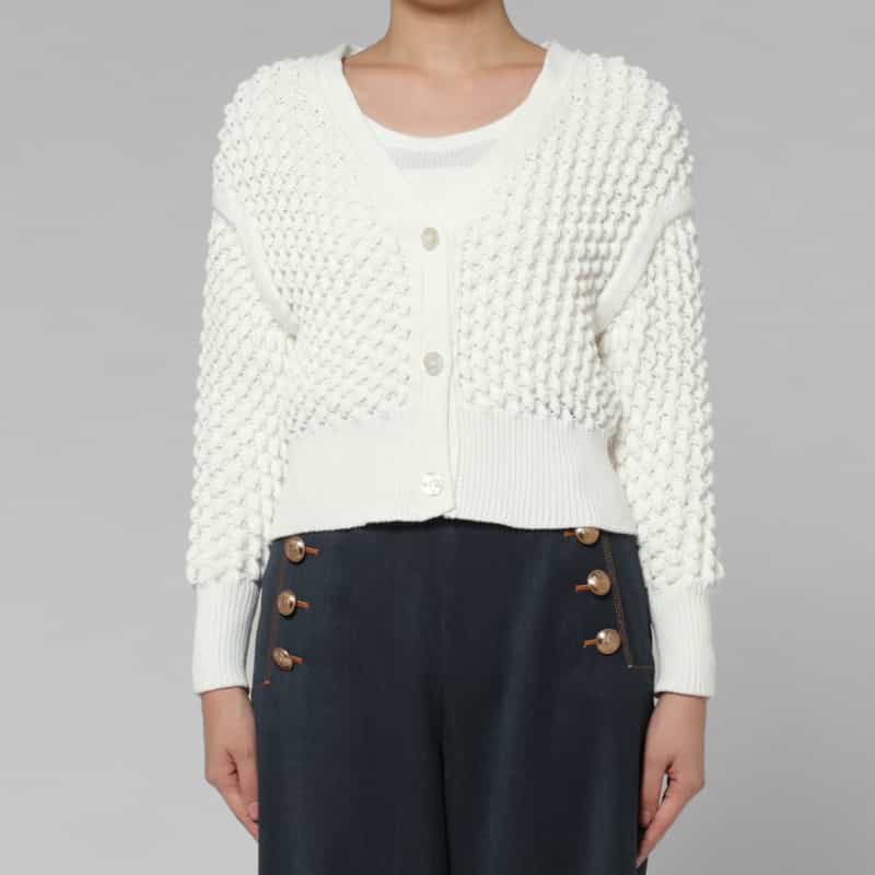 BARNEYS NEW YORK ウォッシャブル ホールガーメントポップコーンニットカーディガン WHITE