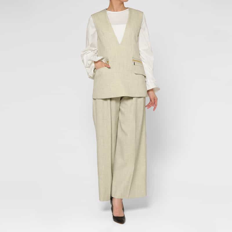 BARNEYS NEW YORK セットアップ ウォッシャブル ウールライク ジップデザインフラップジレ BEIGE