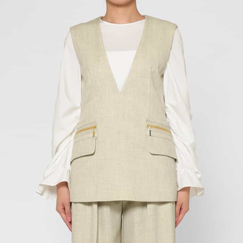 BARNEYS NEW YORK セットアップ ウォッシャブル ウールライク ジップデザインフラップジレ BEIGE
