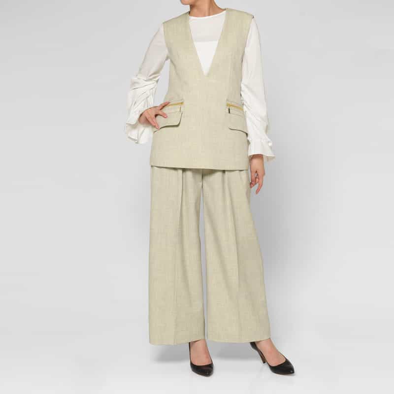 BARNEYS NEW YORK セットアップ ウォッシャブル ウールライク 2タックワイドパンツ BEIGE