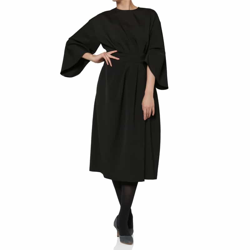 BARNEYS NEW YORK アシンメトリーギャザー ベルトデザイン タックスリーブドレス BLACK