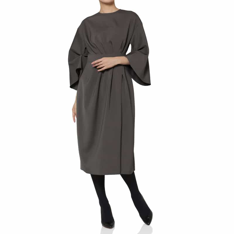 BARNEYS NEW YORK アシンメトリーギャザー ベルトデザイン タックスリーブドレス GRAY