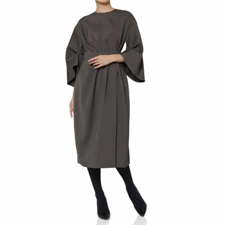 アシンメトリーギャザー ベルトデザイン タックスリーブドレス