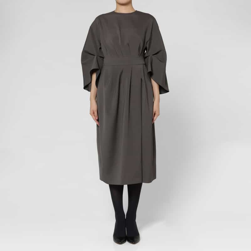 BARNEYS NEW YORK アシンメトリーギャザー ベルトデザイン タックスリーブドレス GRAY
