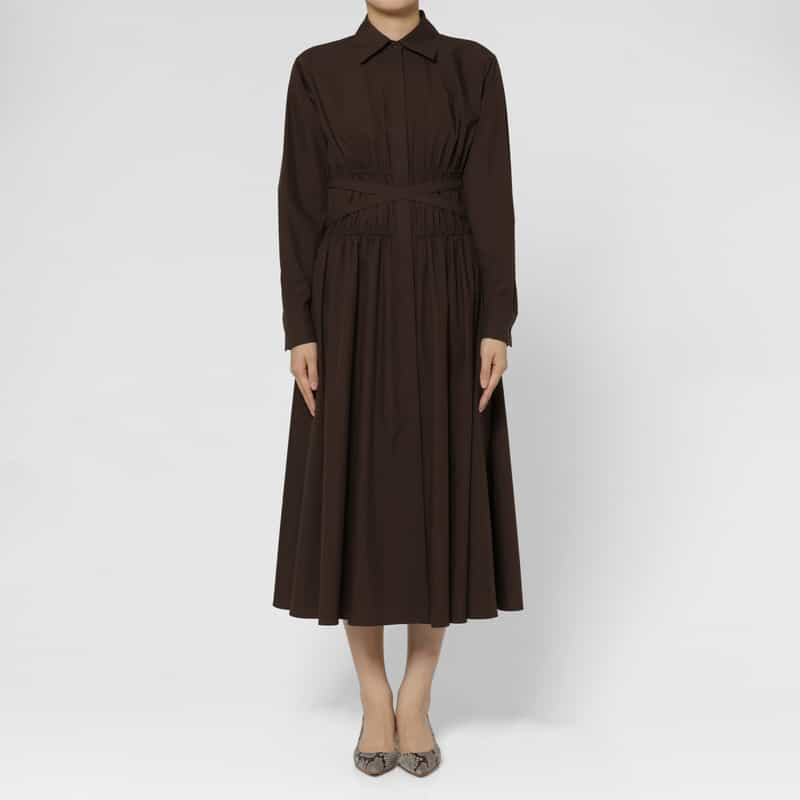 BARNEYS NEW YORK タフタ ウエストシャーリングデザイン リボンベルテッドシャツドレス BROWN