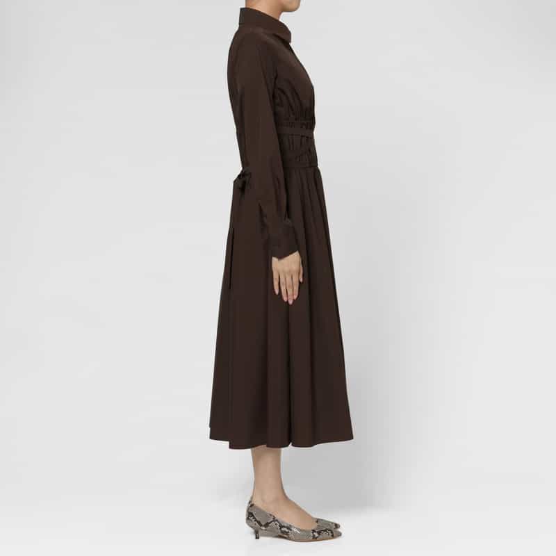 BARNEYS NEW YORK タフタ ウエストシャーリングデザイン リボンベルテッドシャツドレス BROWN