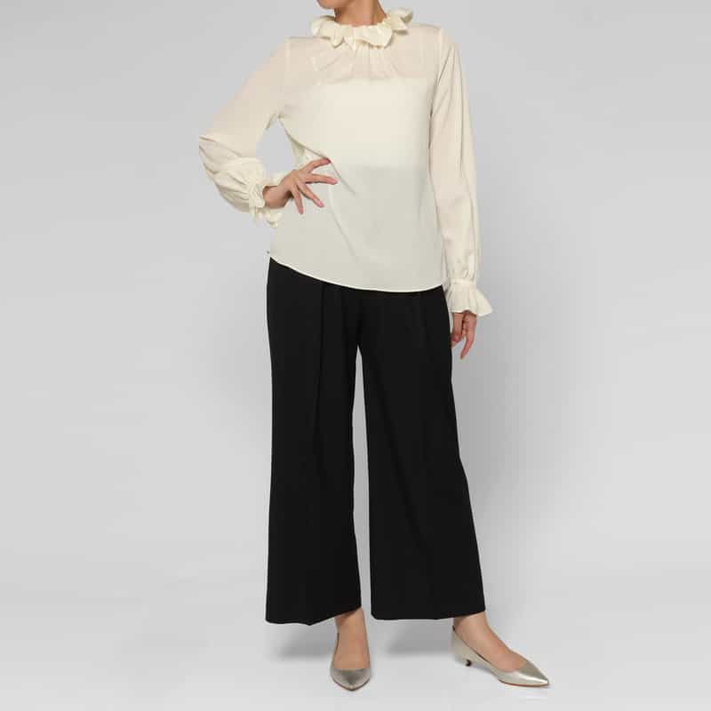 BARNEYS NEW YORK ウォッシャブル ラッフルカラー ジョーゼットブラウス WHITE
