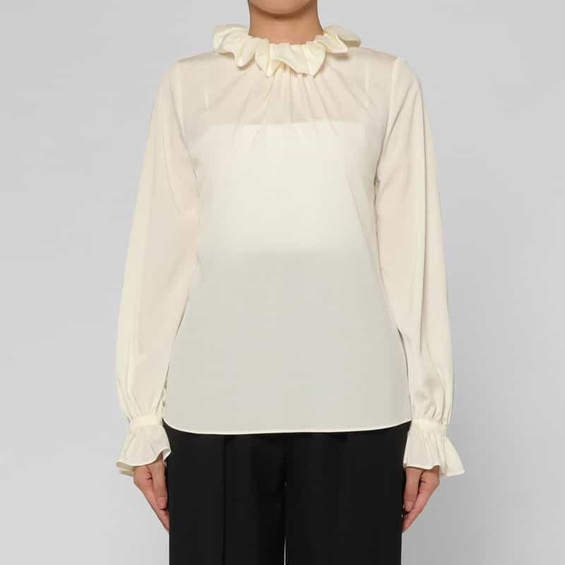 BARNEYS NEW YORK ウォッシャブル ラッフルカラー ジョーゼットブラウス WHITE