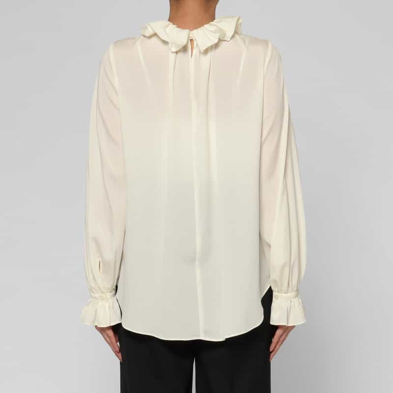 BARNEYS NEW YORK ウォッシャブル ラッフルカラー ジョーゼットブラウス WHITE