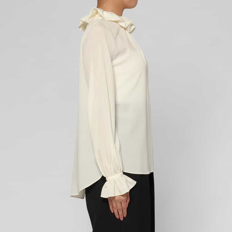 BARNEYS NEW YORK ウォッシャブル ラッフルカラー ジョーゼットブラウス WHITE