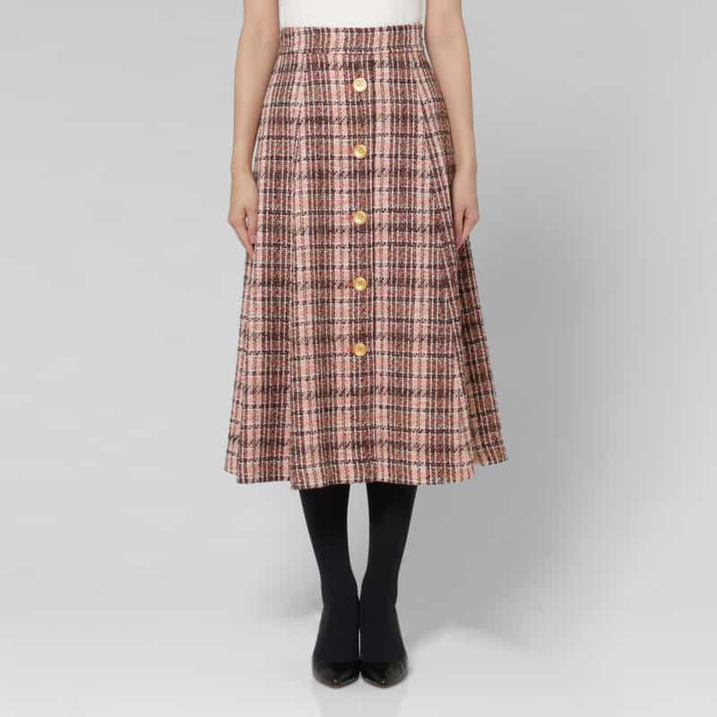 BARNEYS NEW YORK セットアップ ボタンデザイン ツイードフレアスカート PINK