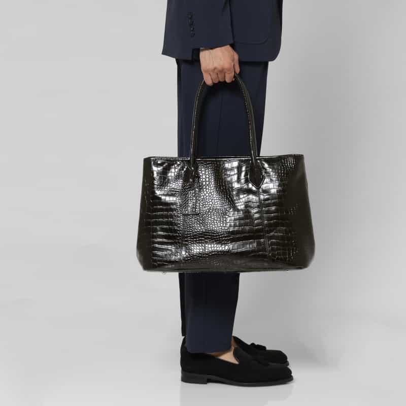 BARNEYS NEW YORK クロコ型押しレザートートバッグ BLACK