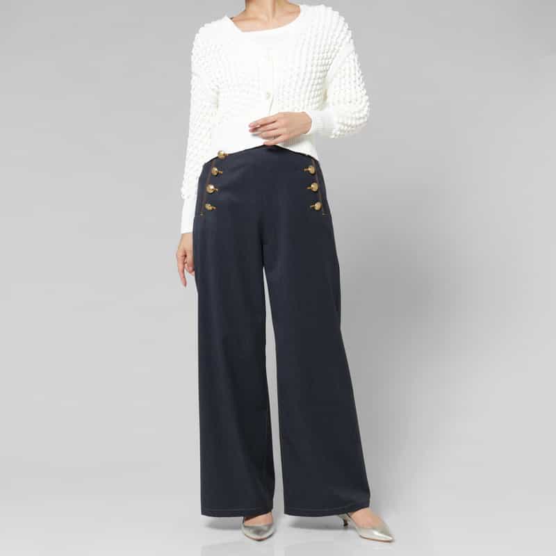BARNEYS NEW YORK ウール混ボタンデザイン マリンワイドパンツ NAVY