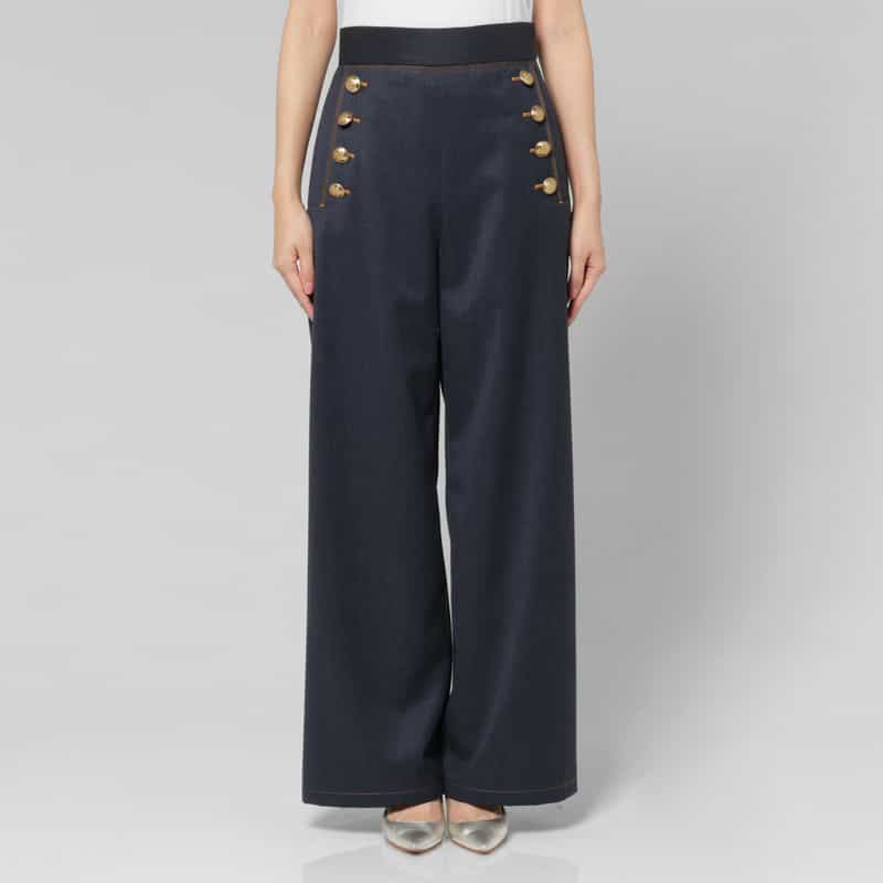 BARNEYS NEW YORK ウール混ボタンデザイン マリンワイドパンツ NAVY