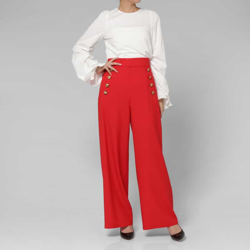 BARNEYS NEW YORK ウール ボタンデザイン マリンワイドパンツ RED