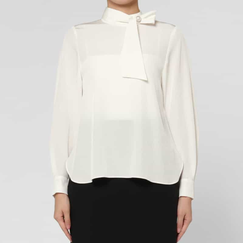 BARNEYS NEW YORK パールビジュー付きボウタイブラウス WHITE